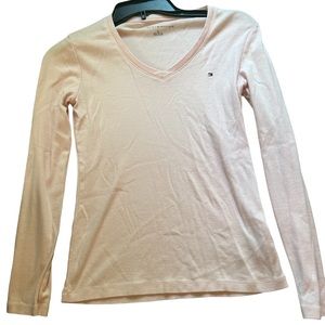 light pink V-Neck Tommy Hilfiger long sleeve tight fitting baby tee